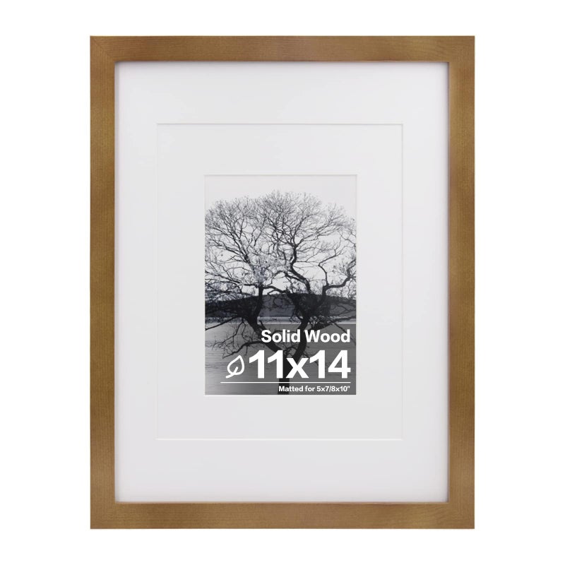 Egofine 11x14 Picture Frame Made of Solid Wood with Plexiglass, Display Pictures 5x7/8x10 with Mat or 11x14 Without Mat, for Table Top and Wall Mounting Photo Frame, Light Brown - Image 1